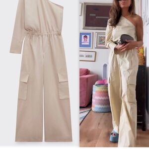 Zara One-Shoulder Beige Jumpsuit size small
